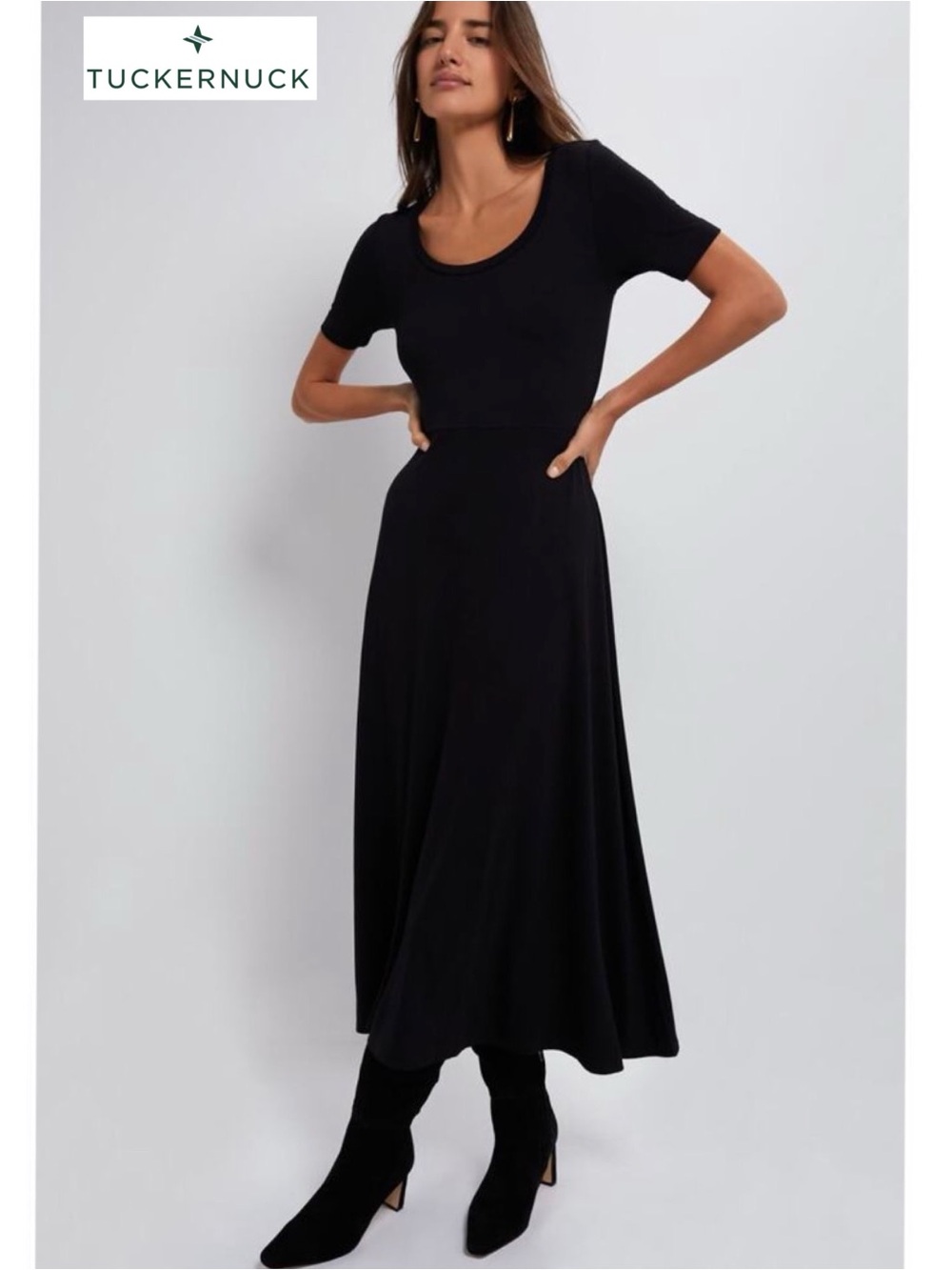 Tuckernuck Sara Maxi Dress Black Short Sleeve Bamboo Knit Fit Flare M Modest